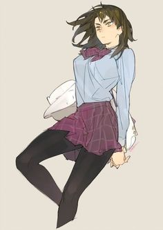 a drawing of a woman with long black hair and wearing a blue shirt, purple skirt and boots