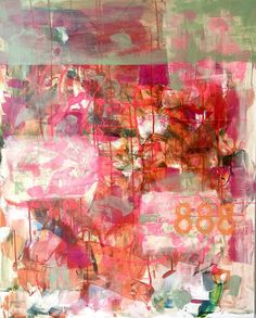 an abstract painting with lots of different colors and shapes on it's surface, including pink