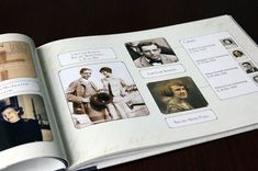 an open book with pictures of people on it