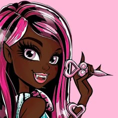 a cartoon girl with pink hair holding scissors