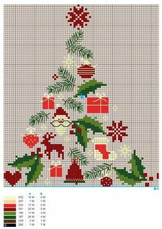 a cross stitch christmas tree with presents on it