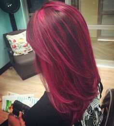 Magenta Hair With Pink Highlights, Black Hair With Magenta Highlights, Brown Hair With Magenta Highlights, Light Brown Hair With Colored Highlights, Hot Pink Highlights In Brown Hair, Magenta Highlights, Magenta Hair Colors, Pink Hair Streaks, Pink Hair Highlights