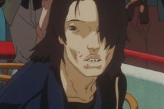 an anime character with long hair and piercings in front of a group of people