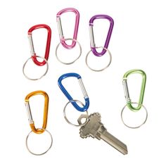 six different colored key rings with one open and the other closed