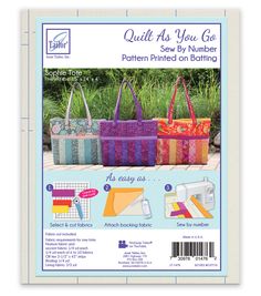 quilt as you go sew by numbers pattern printed on bathing tote bags and purses