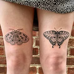 two tattoos on the legs of women with moths