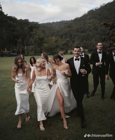 a group of people dressed in formal wear walking through a field with one person holding the other's hand