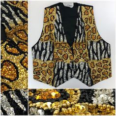 The Zebra Leopard Sequin Vest is handmade, and made before 2000. The front of the vest is covered with high quality sequins and the back is a 100% black polyester. Fitted Sequined Vest For Party, Fitted Sequin Vest For Parties, Fitted Sequin Party Vest, Black Party Vest For Fall, Black Fall Party Vest, Fitted Embellished Vest For Fall, Fitted Black Sequined Vest, Fitted Sequin Vest For Party Season, Fitted Sequin Vest For Night Out