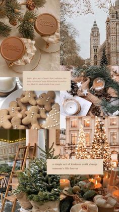 the collage shows different types of cookies and other things in front of them, including candles