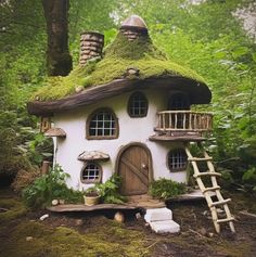 a small white house with moss growing on it's roof in the middle of a forest