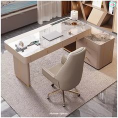 an office desk with a laptop on it and a chair in front of the desk