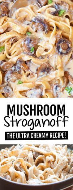 mushroom stroganoni creamy vegan recipe in a skillet with text overlay