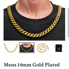 Mens 14mm Gold Plated Stainless Steel Closed Link Curb Chain Necklace With Cubic Zirconia Embedded Box Clasp Curb Chain Necklace, Box Clasp, Blackjack, Curb Chain, Cubic Zirconia, Chain Necklace, Gold Plate, Plating, Man Shop