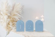 three frosted blue candles are sitting next to each other on a white tablecloth