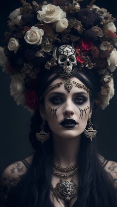 a woman with black makeup and flowers on her head, wearing an elaborate skull make - up