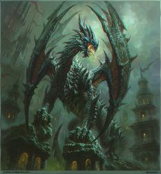 a painting of a demonic creature in the middle of a city with lots of buildings