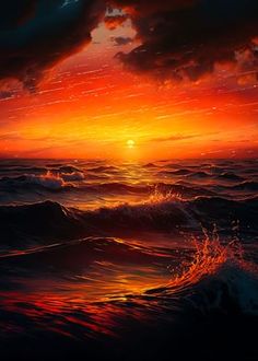 the sun is setting over the ocean with waves crashing in front of it and an orange sky