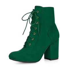 A pair of ankle booties features a lace-up front, a chunky high heel, and a classic rounded toe. A side zipper is added to ease you in and out. Lace Up Booties; Round Toe; Chunky High Heel; Vamp: Faux Suede; Outsole: Rubber; Heel: ABS; Heel Height: 3 3/8 inches; Occasion: Office, Interview, Party, Casual, Halloween days, Christmas Days, Dating, Evening. Halloween Costume Boots, Velvet Block Heels, Chelsea Rain Boots, Chunky Heel Ankle Boots, Fashionable Snow Boots, Womens Chunky Heels, Shoes Boots Ankle, Block Heel Ankle Boots, Chunky High Heels