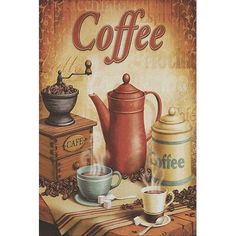 a painting of coffee on a table with two cups and a teapot next to it