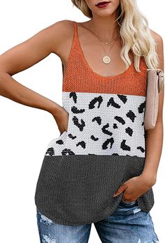 BLENCOT Women Casual Knit Tank Tops Scoop Neck Leopard Color Block Flowy Sleeveless Shirts Strappy Blouses Office Orange XL at Amazon Women’s Clothing store Boutique Wholesale, Warm Fabric, Shoulder Belt, Sweaters Women, Loose Tank Tops, Women Hoodies, Clothing Wholesale, Women Sweaters, Womens Cami