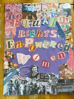 a collage of images and words on a purple background that says equal rights embovered one