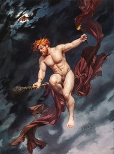 a painting of a naked man flying through the air with a broom in his hand