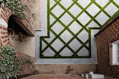 an outdoor area with brick walls and green grass on the wall, next to a dog door