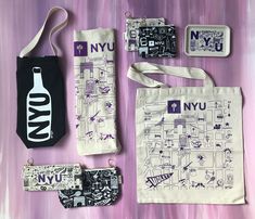 the new york tote bag and other items are laid out next to each other