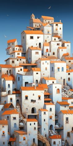 a painting of many white buildings with orange roofs and steps leading up to the top