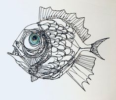 a drawing of a fish with blue eyes