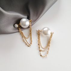 Little Queen Korean Style Gold Plated 3 Chains Two Faux Pearl Double Sided Women Fashion Drop Earrings Size: Small Pearl: 0.25 X 0.25 Inch Big Pearl: 0.5 X 0.5 Inch Length Of Chains From Shortest To Longest: 1.5 Inches, 2 Inches, 2.5 Inches Metal: Alloy Material: Imitated Pearl White Double Chain Jewelry For Party, Elegant White Chain Earrings, White Chain Earrings As Gift, White Chain Earrings For Gift, White Metal Chain Earrings, Chic White Jewelry With Chain Strap, Chunky Earrings, Big Pearl, Mismatched Earrings