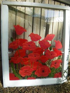 a bunch of red flowers are in a glass box on the ground next to a fence