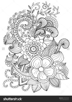 black and white abstract floral design with swirls, flowers and leaves on a white background