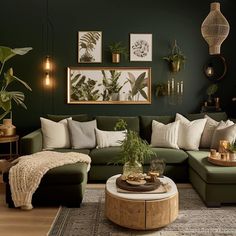 a living room filled with lots of green furniture