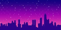 the silhouette of a city at night with stars in the sky and purple hues