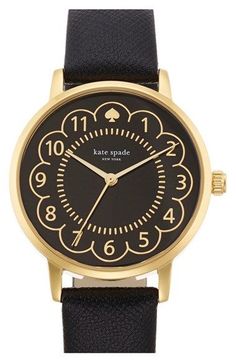 kate spade new york 'metro' scalloped dial leather strap watch, 34mm available at #Nordstrom G Shock, Look Fashion, Black And Gold, Leather Watch, Womens Watches