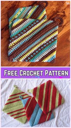 crocheted dishcloths and pot holders on a wooden table with text overlay that says free crochet pattern