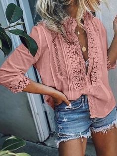 Buy More! Save More!   Style: Casual      Pattern Type: Solid      Sleeve Length(cm): Three Quarter      Decoration: Lace Womens Blouses Casual, Holiday Blouses, Belle Silhouette, Patch Work Blouse, Mid Length Sleeves, Lace Chiffon, Ruffle Shirt, Fashion Elegant, Loose Blouse