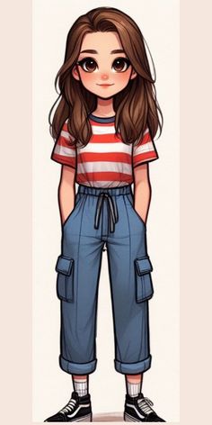 a drawing of a girl with brown hair wearing blue pants and a striped t - shirt