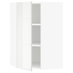 a white cabinet with two doors and shelves on the bottom shelf, in front of a white background