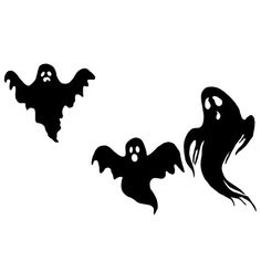 two black and white silhouettes of ghostes flying in the air with their mouths open