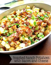 roasted ranch potatoes with bacon and cheese in a casserole dish on a wooden table