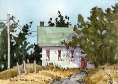 a drawing of a house in the country