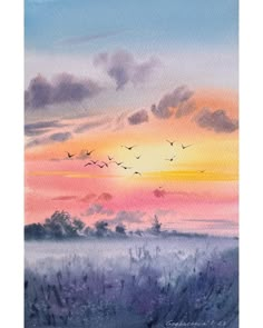 watercolor painting of birds flying in the sky over a field with grass and trees