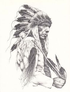 a drawing of a native american man with feathers on his head and hands holding a plant