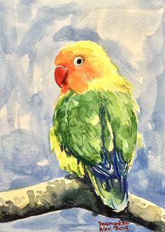 a watercolor painting of a yellow and green bird sitting on a branch with blue sky in the background