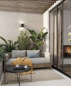 a living room with a couch, coffee table and potted plants on the wall