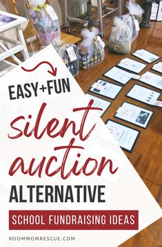 the words easy and fun silent auction alternative for school fundraisers on a wooden table