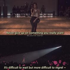 a woman standing on top of a wooden floor in front of a microphone and an audience