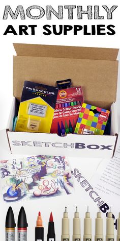 an open box with markers, crayons and other art supplies in it that says month - by - month art supplies